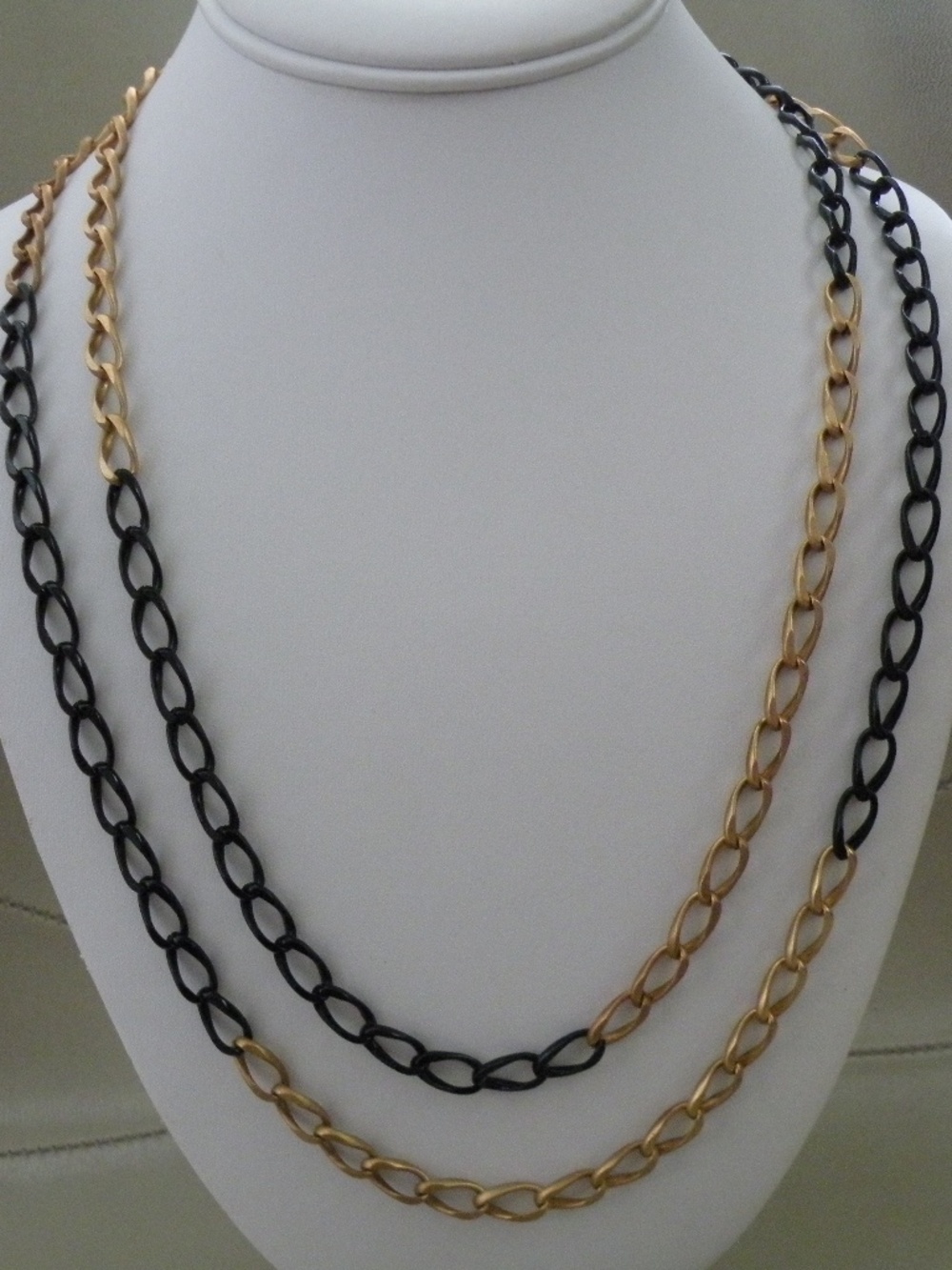 Long 2 Tone Alternating Black & Warm Gold Tone Chain Link Necklace 48"